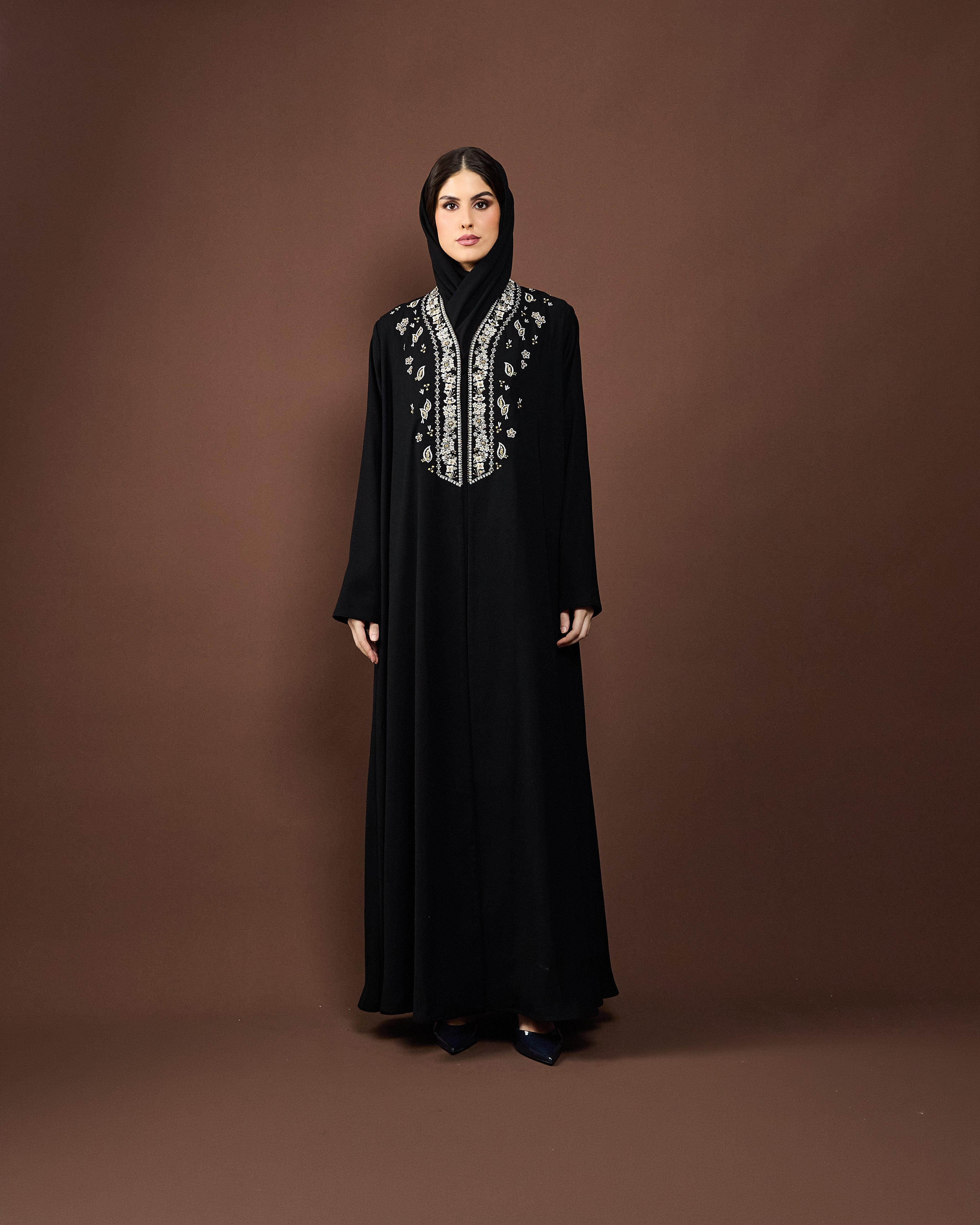 Elegant black designer abaya with matching sheila – Eid collection collar embroidery