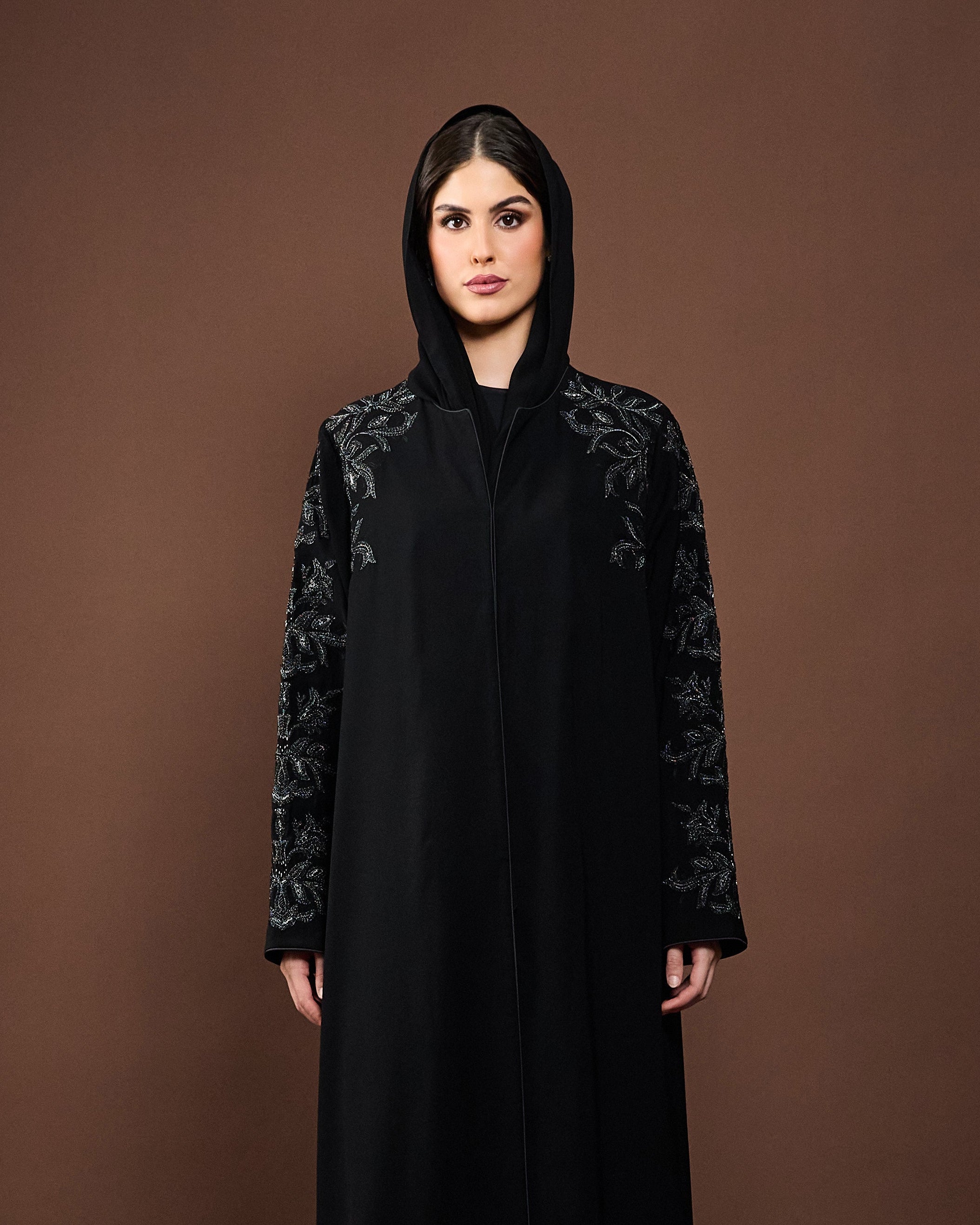Hand embroidered black luxury abaya with matching sheila silver vines 