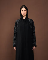 Hand embroidered black luxury abaya with matching sheila silver vines 