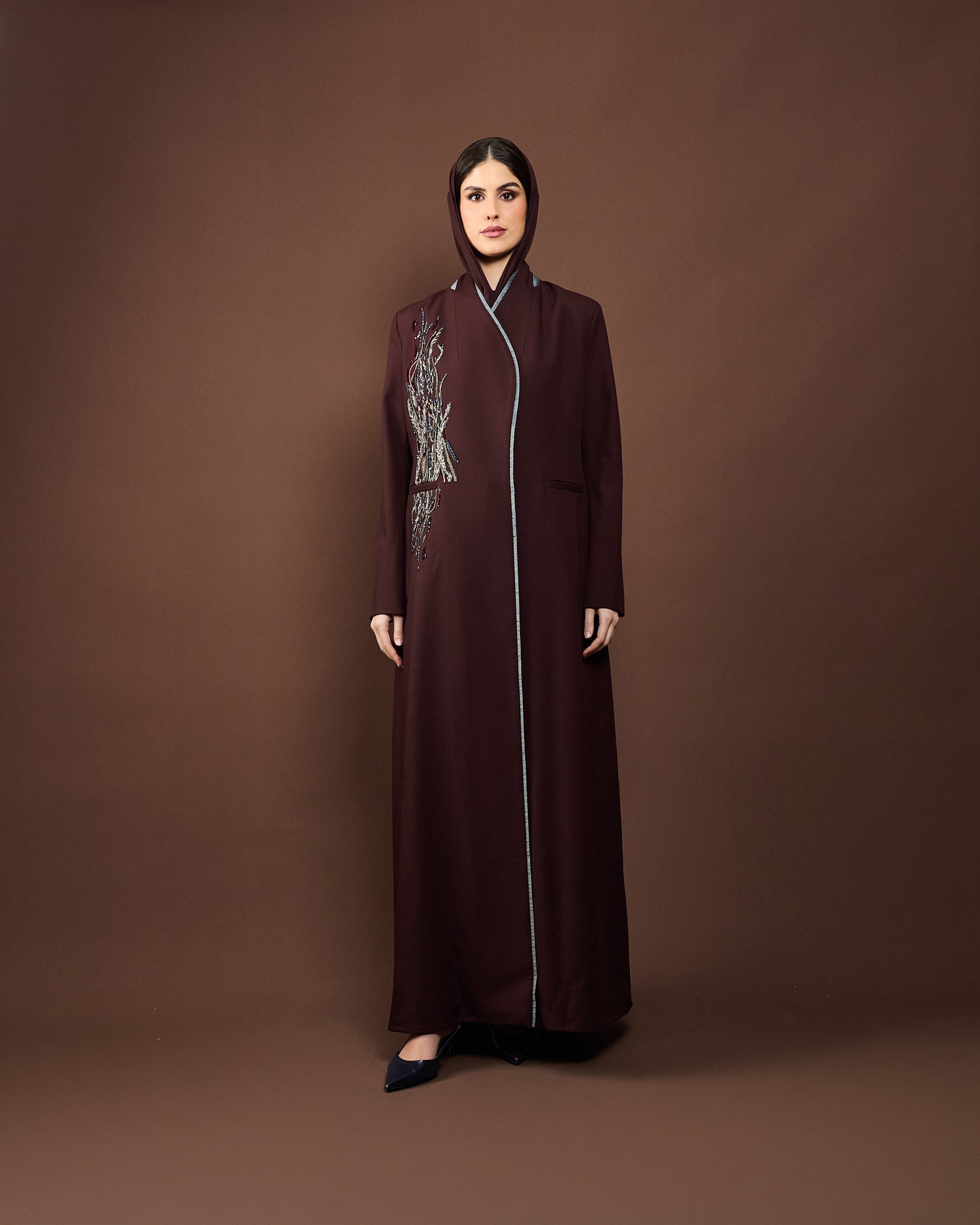 marron Hand Embroidered Luxury Abaya with Matching Sheila – Eid Collection
