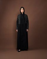 black silver abaya sleeve details luxury Elegant black embroidered luxury abaya with matching sheila