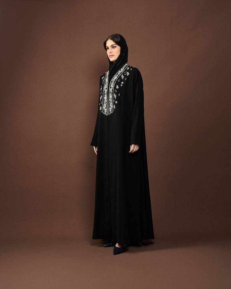 Elegant black designer abaya with matching sheila – Eid collection silver and black